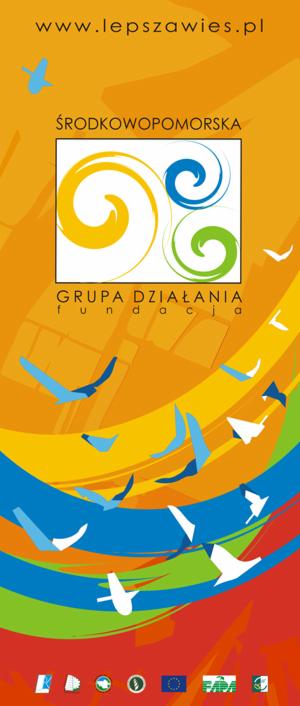 Ilustracja graficzna z logo Fundacji Grupa Działania Środkowopomorska, przedstawiająca stylizowane ptaki na tle żółto-pomarańczowo-czerwonym z elementami tęczy, oraz adres strony internetowej...