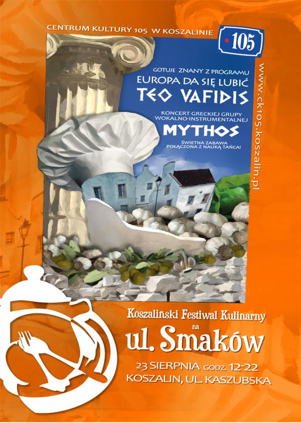 Plakat Koszalińskiego Festiwalu Kulinarnego z motywami greckimi, stylizowany na malowidło, zawiera czapkę kucharską, kolumnę, białe domki, czosnek i oliwki.