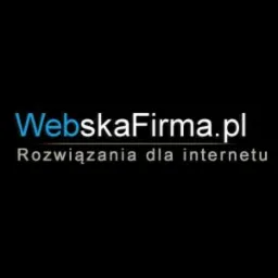 Napis WebskaFirma.pl w kolorze niebieskim, pod nim tekst Rozwiązania dla internetu, wszystko na czarnym tle.