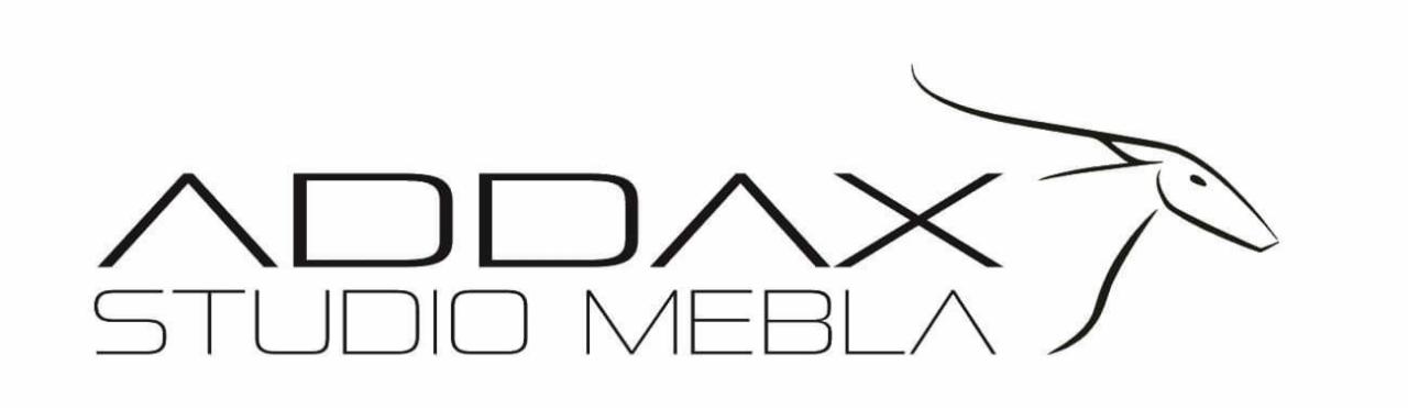 Logo firmy Addax Studio Mebla z minimalistycznym rysunkiem głowy antylopy.