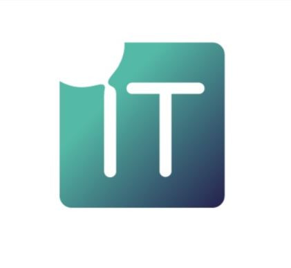 Graficzne logo IT w formie kwadratu z odgryzionym rogiem i białym napisem IT na gradientowym tle.