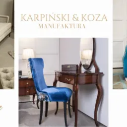 Kolaż prezentujący trzy r&oacute;żne meble tapicerowane: beżowa sofa z pikowaniem, toaletka z krzesłem obitym niebieskim aksamitem oraz turkusowa sofa z ozdobnymi ćwiekami.