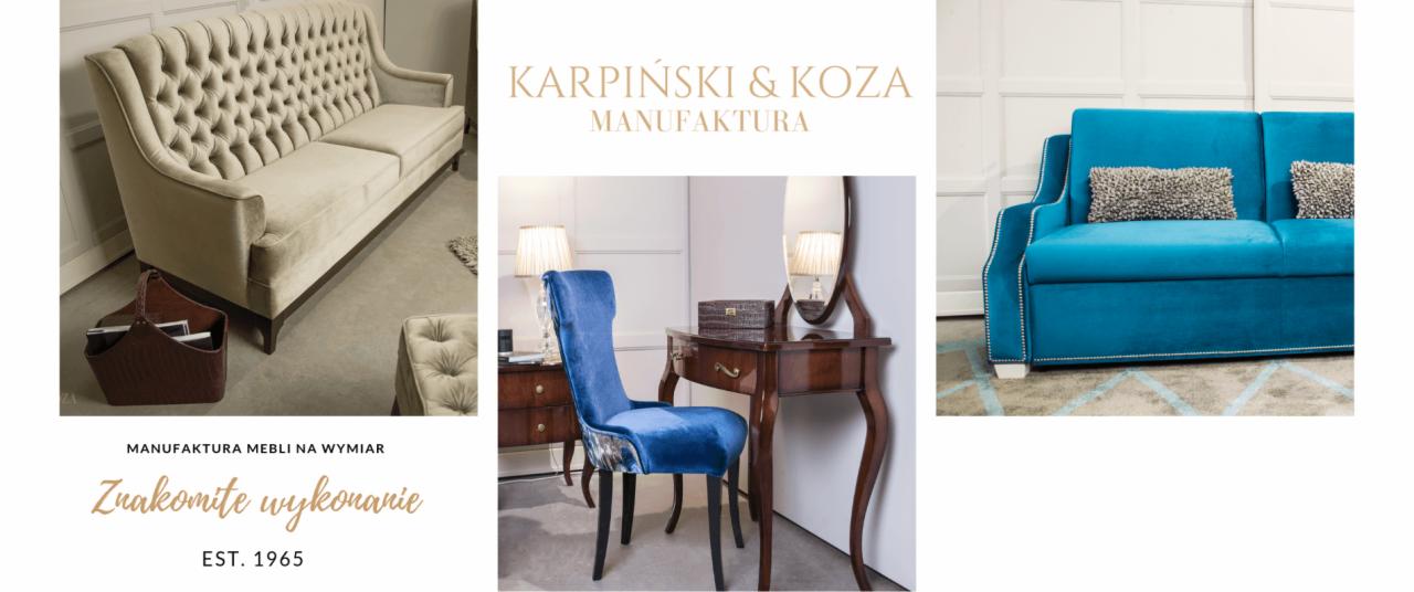 Kolaż prezentujący trzy różne meble tapicerowane: beżowa sofa z pikowaniem, toaletka z krzesłem obitym niebieskim aksamitem oraz turkusowa sofa z ozdobnymi ćwiekami.