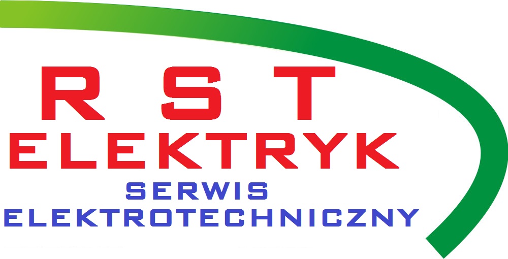 Logo firmy RST Elektryk Serwis Elektrotechniczny z czerwonym napisem ELEKTRYK i niebieskim napisem ELEKTROTECHNICZNY oraz zielonym łukiem
