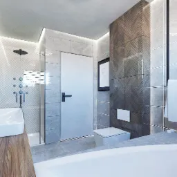 Wizualizacja nowoczesnej łazienki z drewnianym blatem pod umywalką, kabiną prysznicową typu walk-in z deszczownicą, toaletą i wanną, wykończonej szarą płytką z dekoracyjnym wzorem chevron na jednej...