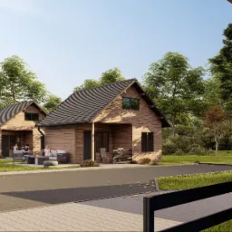 Wizualizacja dwóch drewnianych domków jednorodzinnych z ciemnymi dachami, z meblami ogrodowymi i siedzącymi na nich postaciami, widziana zza drewnianej bariery.