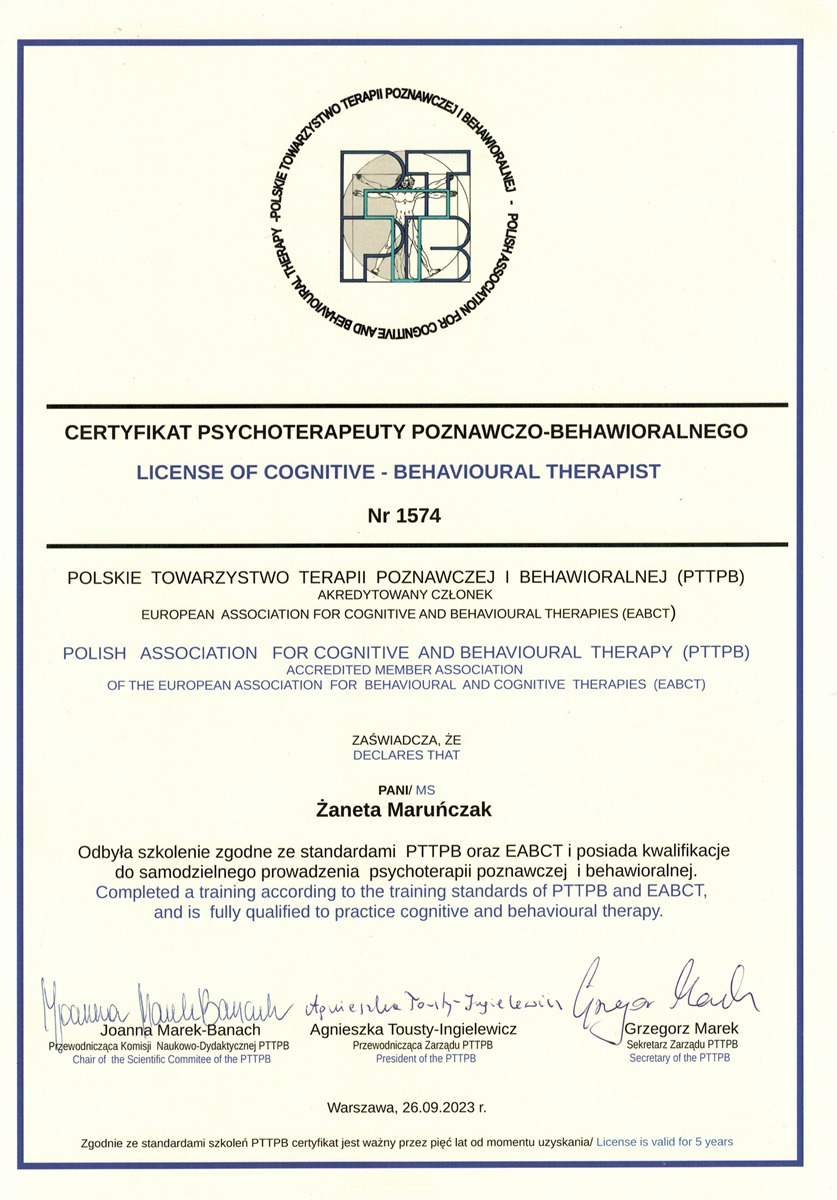 Certyfikat psychoterapeuty poznawczo-behawioralnego Żanety Maruńczak, wydany przez Polskie Towarzystwo Terapii Poznawczej i Behawioralnej (PTTPB) w Warszawie, 26.09.2023.