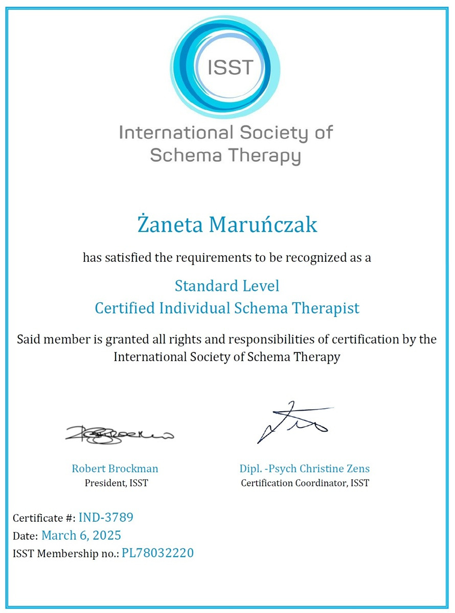 Certyfikat 'Standard Level Certified Individual Schema Therapist' dla Żanety Maruńczak, wydany przez International Society of Schema Therapy.