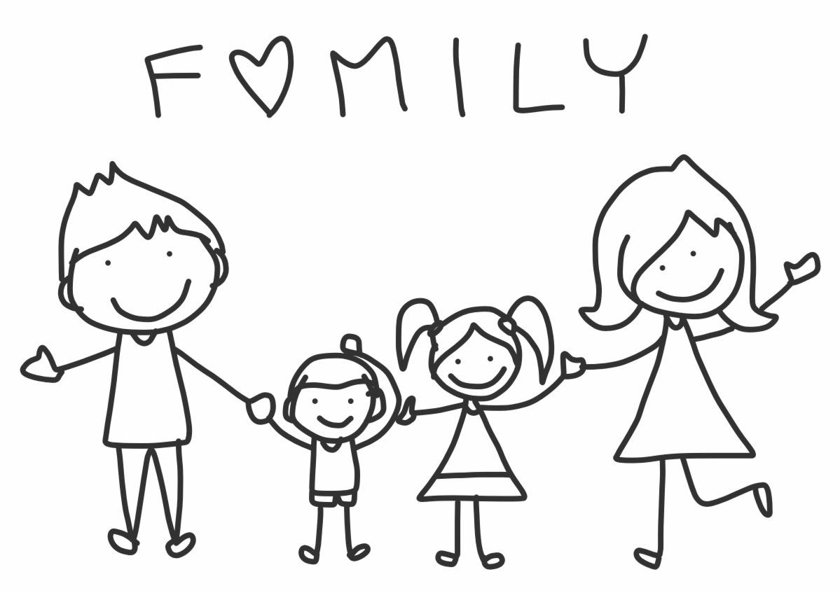 Ręcznie rysowany, uproszczony obrazek przedstawiający rodzinę: ojca, matkę, syna i córkę, trzymających się za ręce, z napisem 'FAMILY' z sercem zamiast litery O.