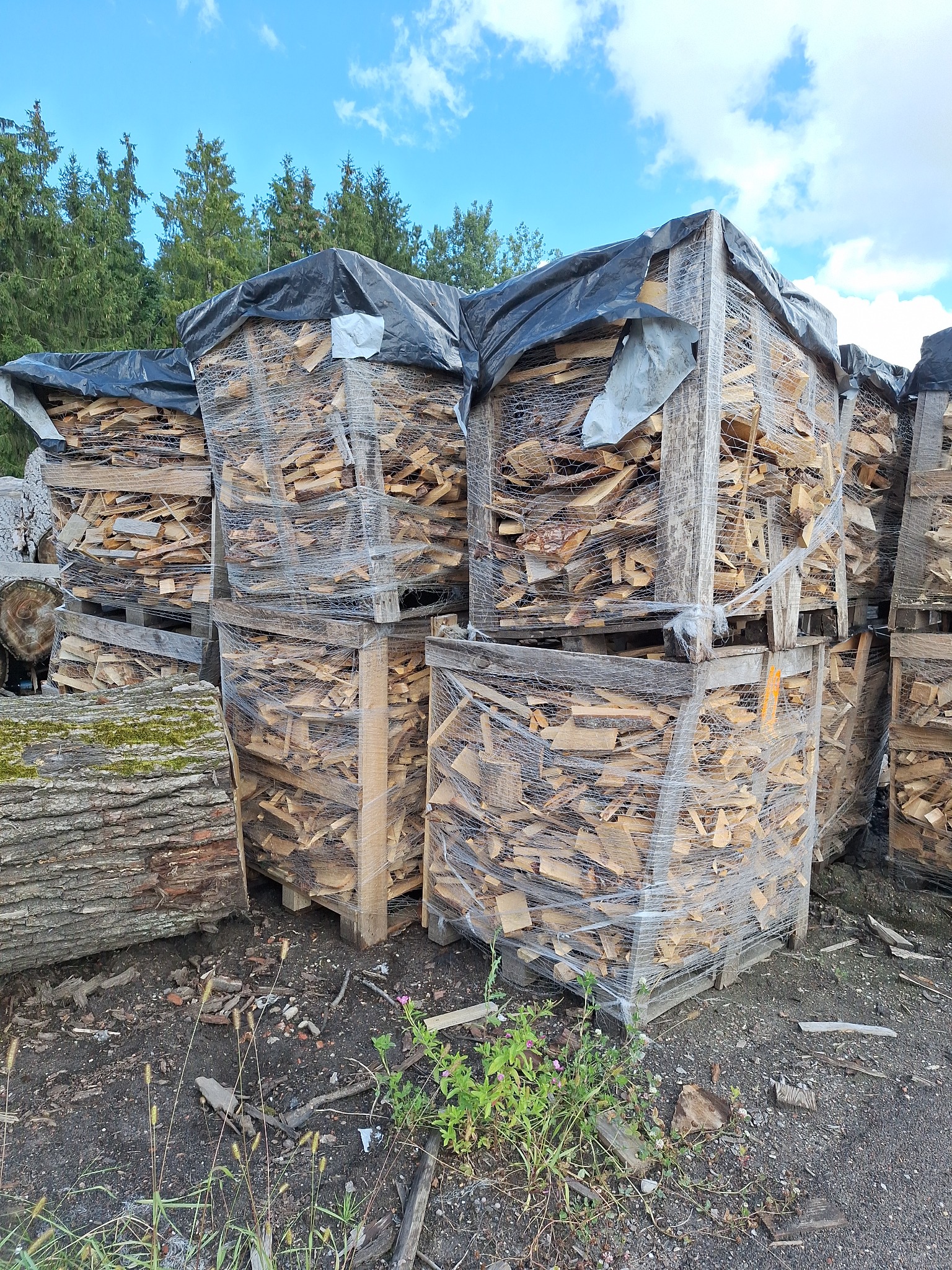 Stosy pociętego drewna ułożone w drewnianych skrzyniach na paletach, owinięte folią, z czarną plandeką na górze, na tle drzew i nieba.