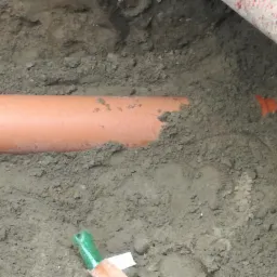 Pomarańczowa rura kanalizacyjna ułożona w wykopie ziemnym, widoczne fragmenty innych rur i narzędzi.