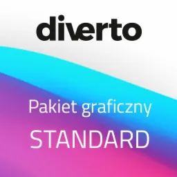 Grafika prezentująca pakiet usług 'Standard' z logo 'diverto' na tle gradientu niebiesko-różowego.