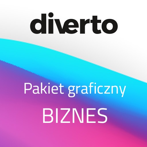 Logo firmy Diverto nad gradientowym tłem z napisem 'Pakiet graficzny BIZNES'.