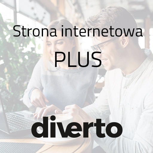 Dwie osoby przeglądają projekt na laptopie w kawiarni, z nałożonym tekstem 'Strona internetowa PLUS diverto'.