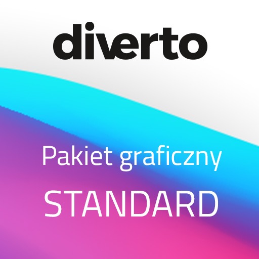 Grafika prezentująca pakiet usług 'Standard' z logo 'diverto' na tle gradientu niebiesko-różowego.
