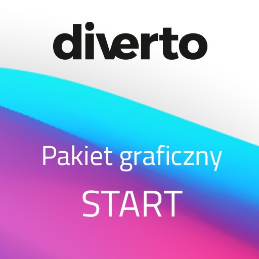Grafika reklamowa pakietu 'Pakiet graficzny START' z logotypem 'diverto' na gradientowym tle w odcieniach błękitu i fioletu.