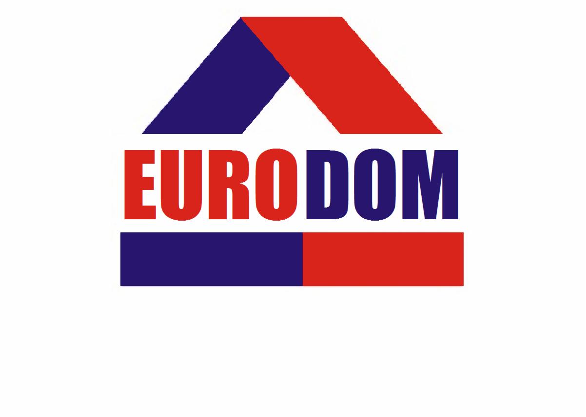 Logo firmy EURODOM z czerwono-niebieskim dachem i napisem EURODOM nad poziomą linią w tych samych kolorach.