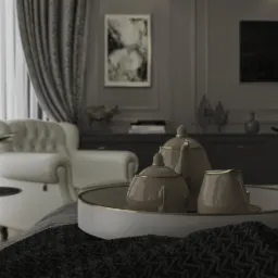 Elegancka aranżacja wnętrza salonu z beżowym serwisem do herbaty na tacy, w tle biały fotel chesterfield, zasłony w paski i dekoracje na komodzie.