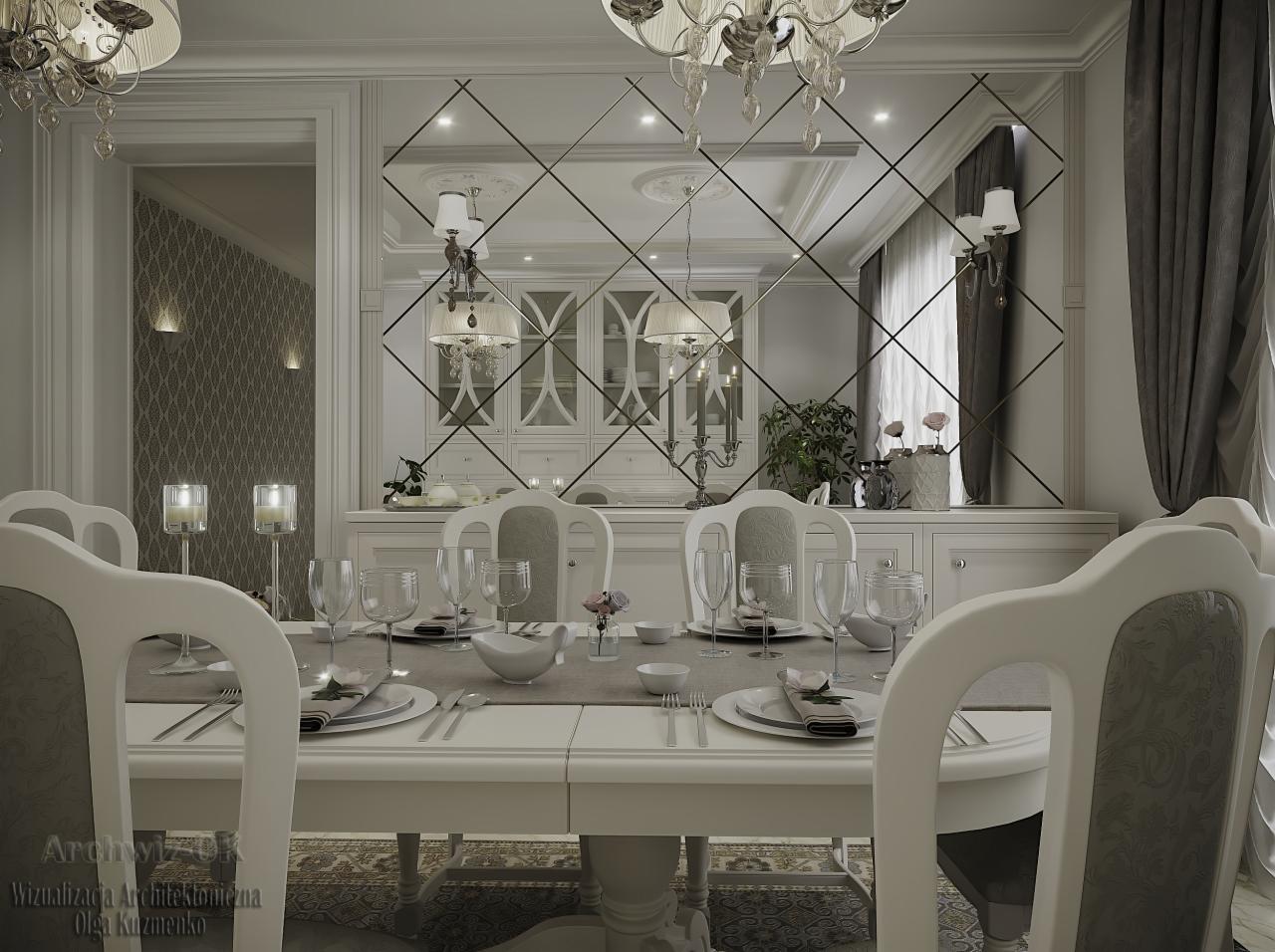 Elegancka jadalnia w odcieniach bieli i szarości z okrągłym stołem nakrytym dla kilku osób, lustrzana ściana z geometrycznym podziałem odbija wnętrze, a kryształowy żyrandol dodaje blasku.