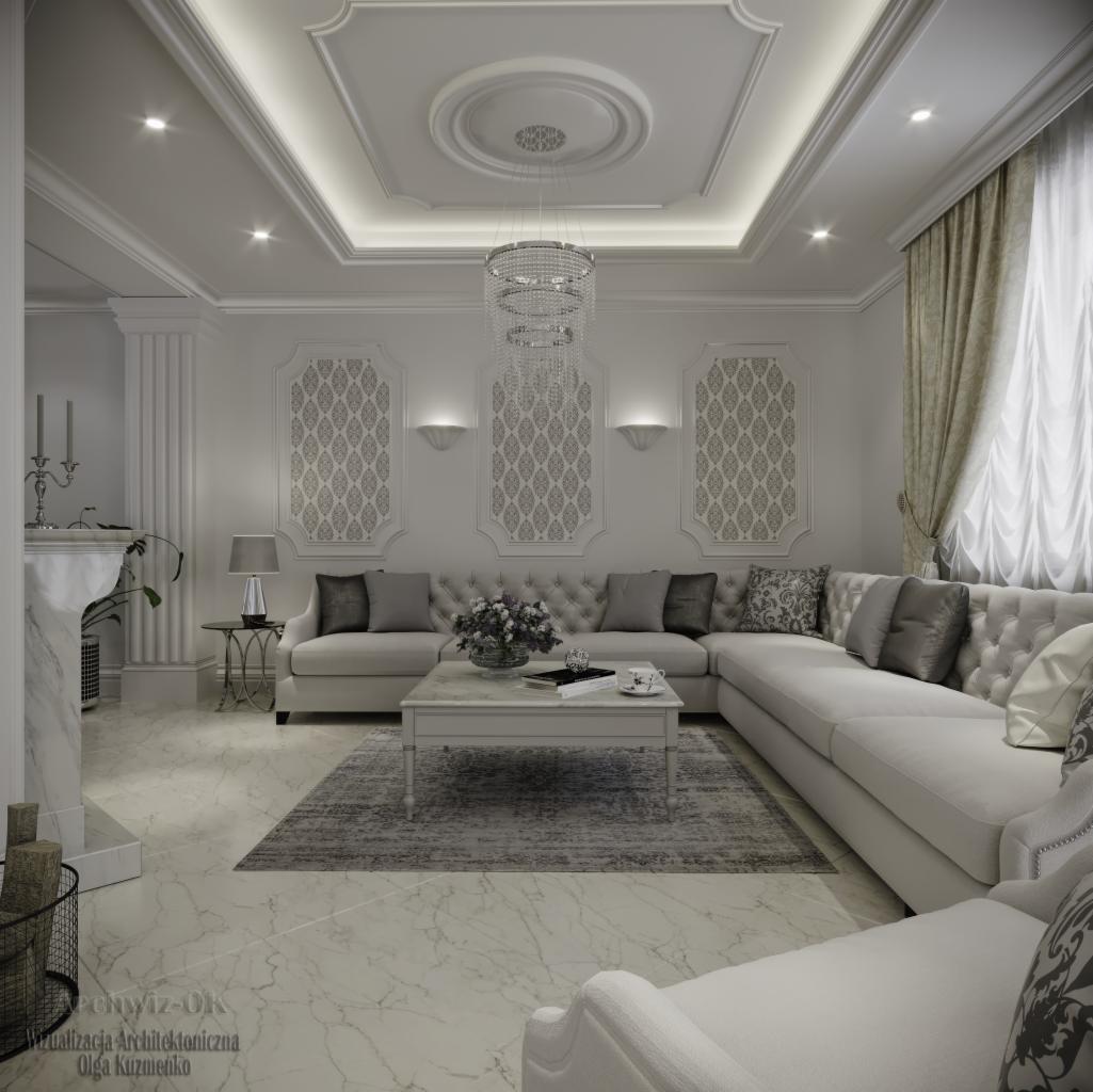 Elegancki salon w odcieniach bieli i szarości z marmurową podłogą, narożną sofą z pikowaniem, kryształowym żyrandolem i dekoracyjnymi panelami ściennymi.