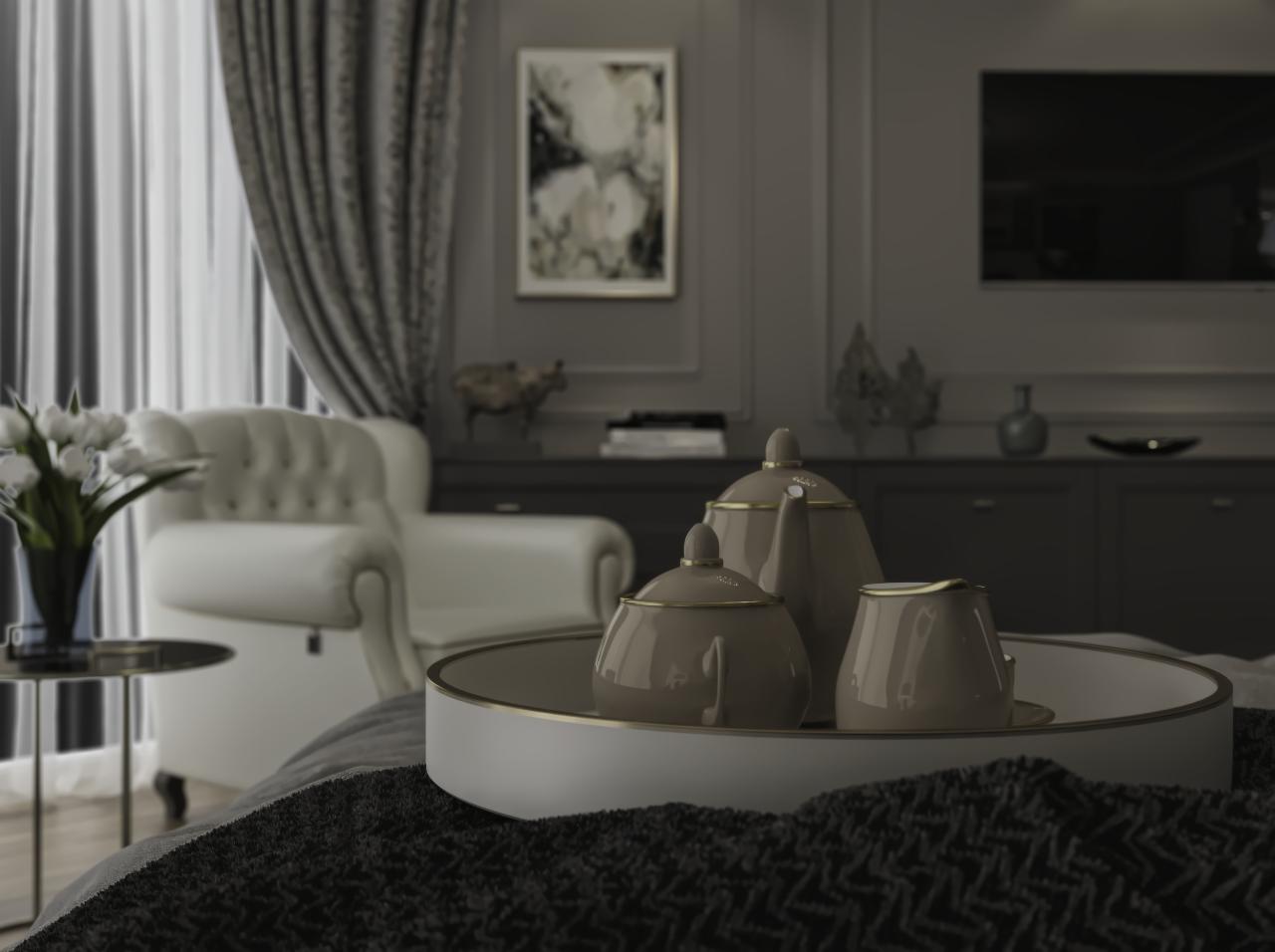 Elegancka aranżacja wnętrza salonu z beżowym serwisem do herbaty na tacy, w tle biały fotel chesterfield, zasłony w paski i dekoracje na komodzie.