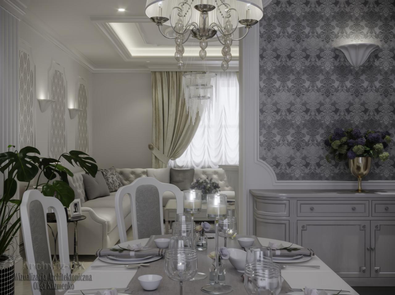 Elegancka jadalnia w odcieniach szarości i bieli: kryształowy żyrandol, nakryty stół z subtelnymi dekoracjami, wzorzysta tapeta i sofa w tle.
