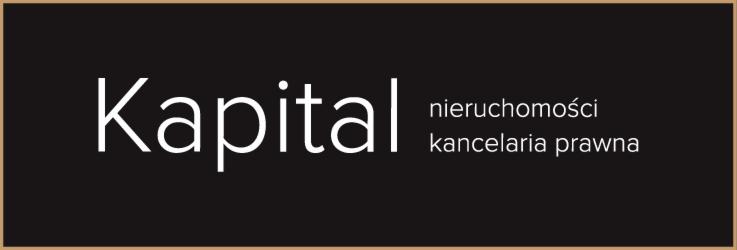 Logo firmy Kapital nieruchomości, z dopiskiem kancelaria prawna, na czarnym tle z cienką, beżową ramką.