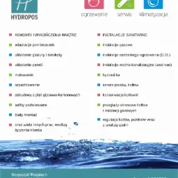 Folder reklamowy firmy Hydropos oferującej usługi z zakresu remontów, instalacji sanitarnych, ogrzewania, serwisu i klimatyzacji, prezentujący zakres działalności z logo firmy w lewym górnym rogu...