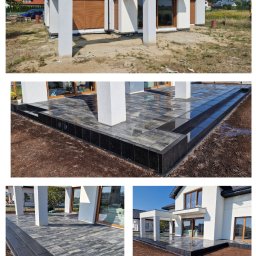 Tevip Investments - Nowoczesny taras z kostki brukowej w odcieniach szarości, z czarnym obrzeżem, przylegający do białego domu z dużymi oknami. Widok z różnych perspektyw.