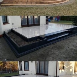 Tevip Investments - Wykończony taras z jasnych płytek i czarną obwódką, schody prowadzące do domu, widok z różnych perspektyw, ogród w tle.