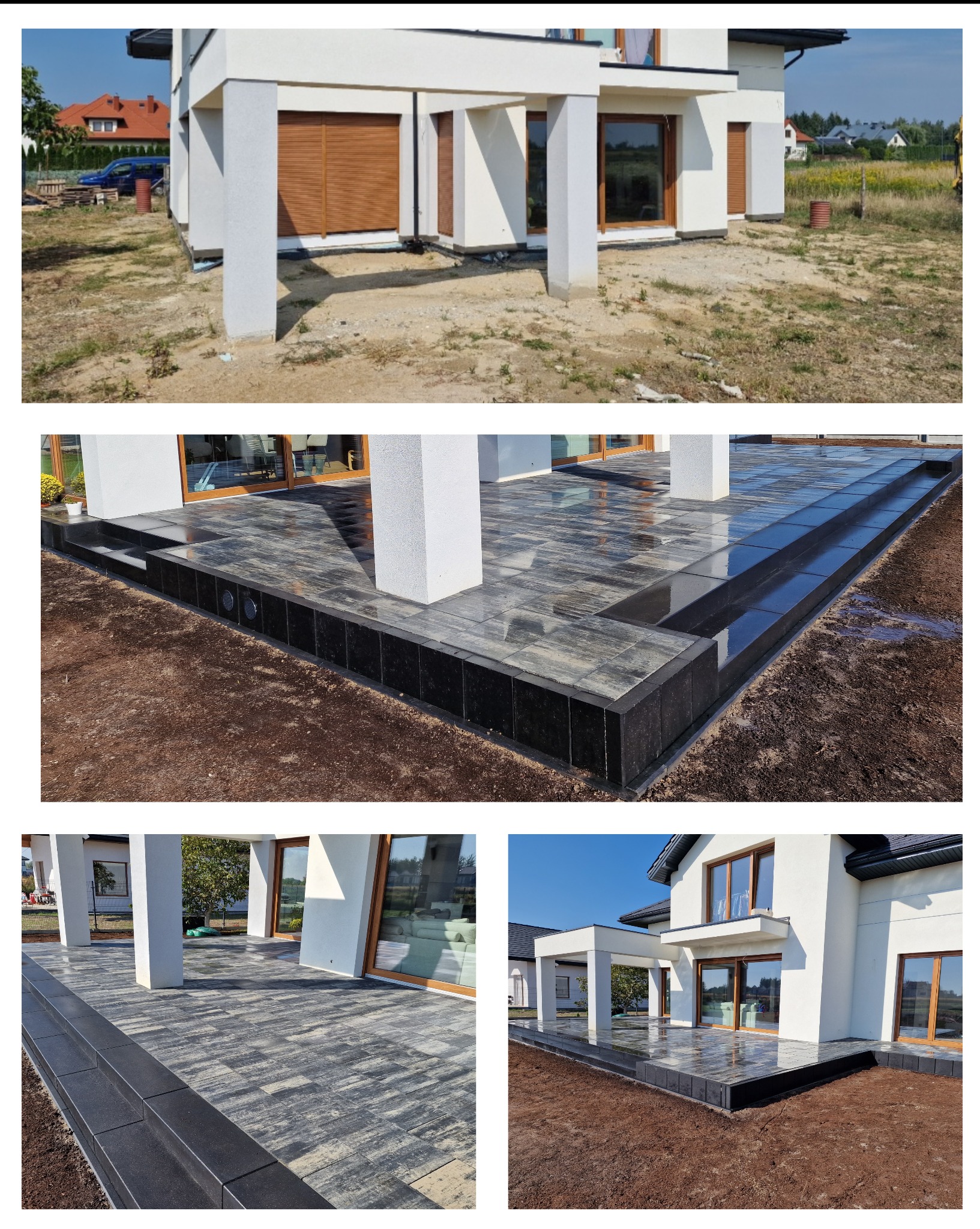 Nowoczesny taras z kostki brukowej w odcieniach szarości, z czarnym obrzeżem, przylegający do białego domu z dużymi oknami. Widok z różnych perspektyw.