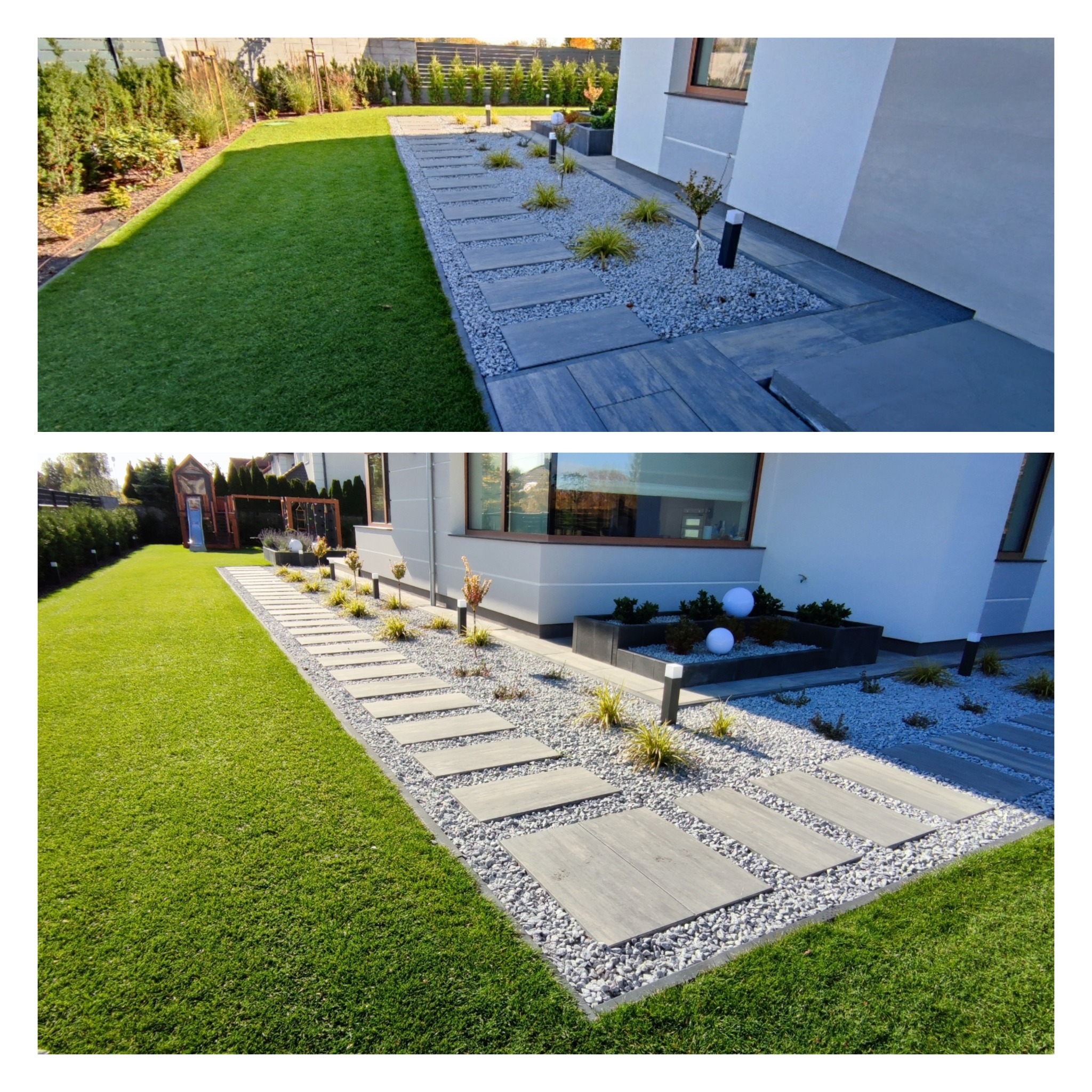 Nowoczesna ścieżka z płyt betonowych i białego grysu, prowadząca wzdłuż budynku z zadbanym trawnikiem. Oświetlenie punktowe i dekoracyjne rośliny.