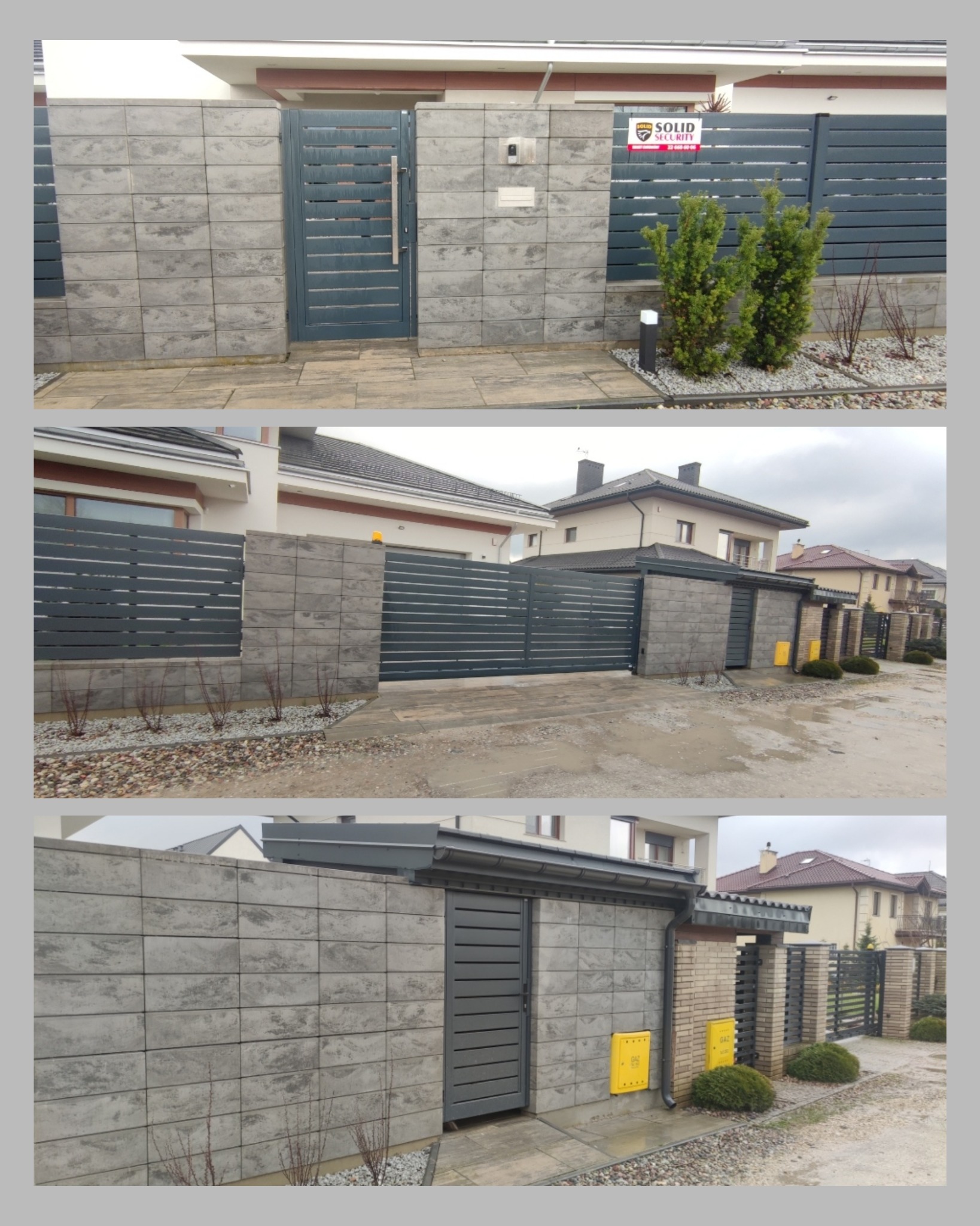 Nowoczesne ogrodzenie z szarej kostki betonowej i metalowych paneli, zintegrowane z bramą wjazdową. Widoczne elementy oświetlenia i roślinność ozdobna.