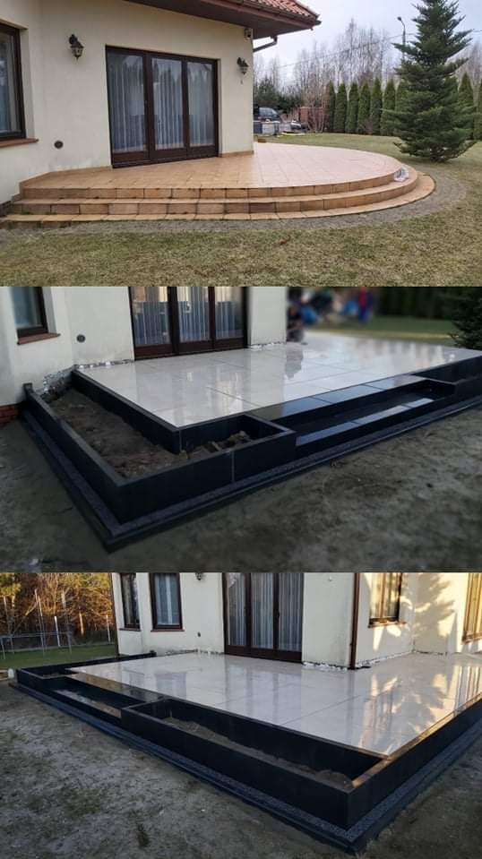 Wykończony taras z jasnych płytek i czarną obwódką, schody prowadzące do domu, widok z różnych perspektyw, ogród w tle.