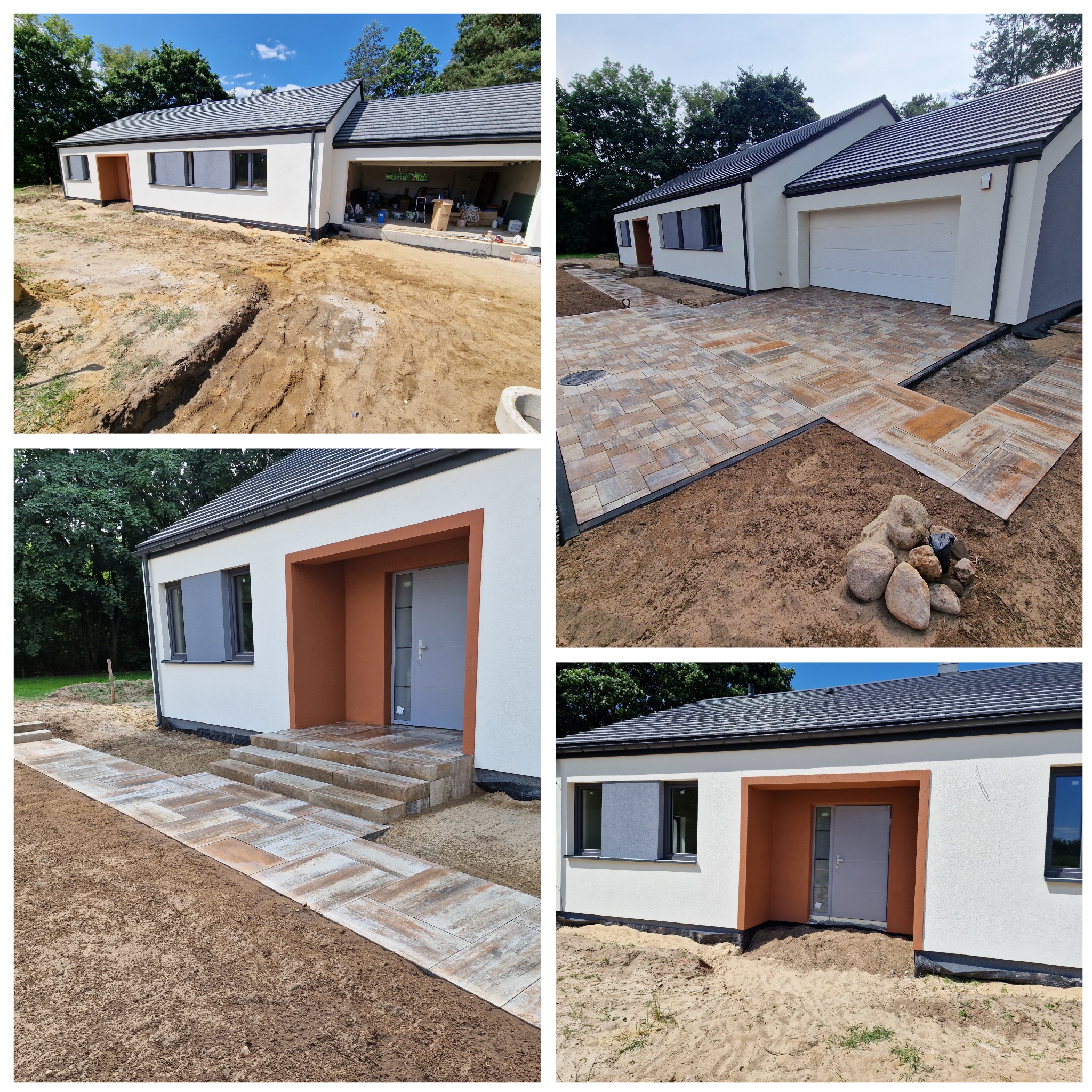 Nowoczesny dom z jasną elewacją i ułożoną kostką brukową w odcieniach brązu. Widoczne fragmenty ogrodu w trakcie prac wykończeniowych.