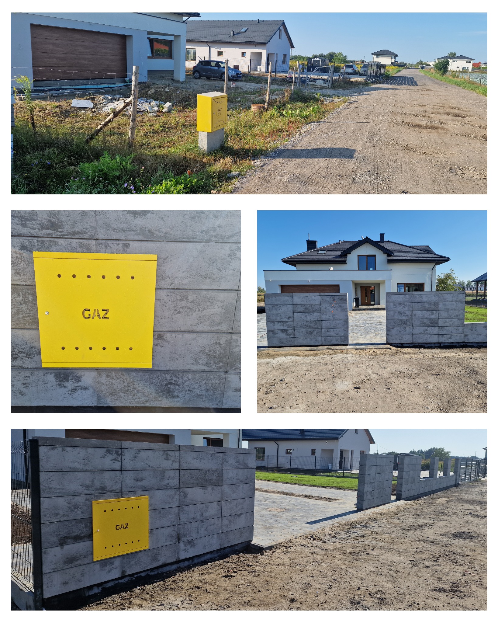 Nowoczesne ogrodzenie z szarej kostki betonowej z żółtą skrzynką gazową na tle nowego domu jednorodzinnego w słoneczny dzień. Widoczny fragment posesji.