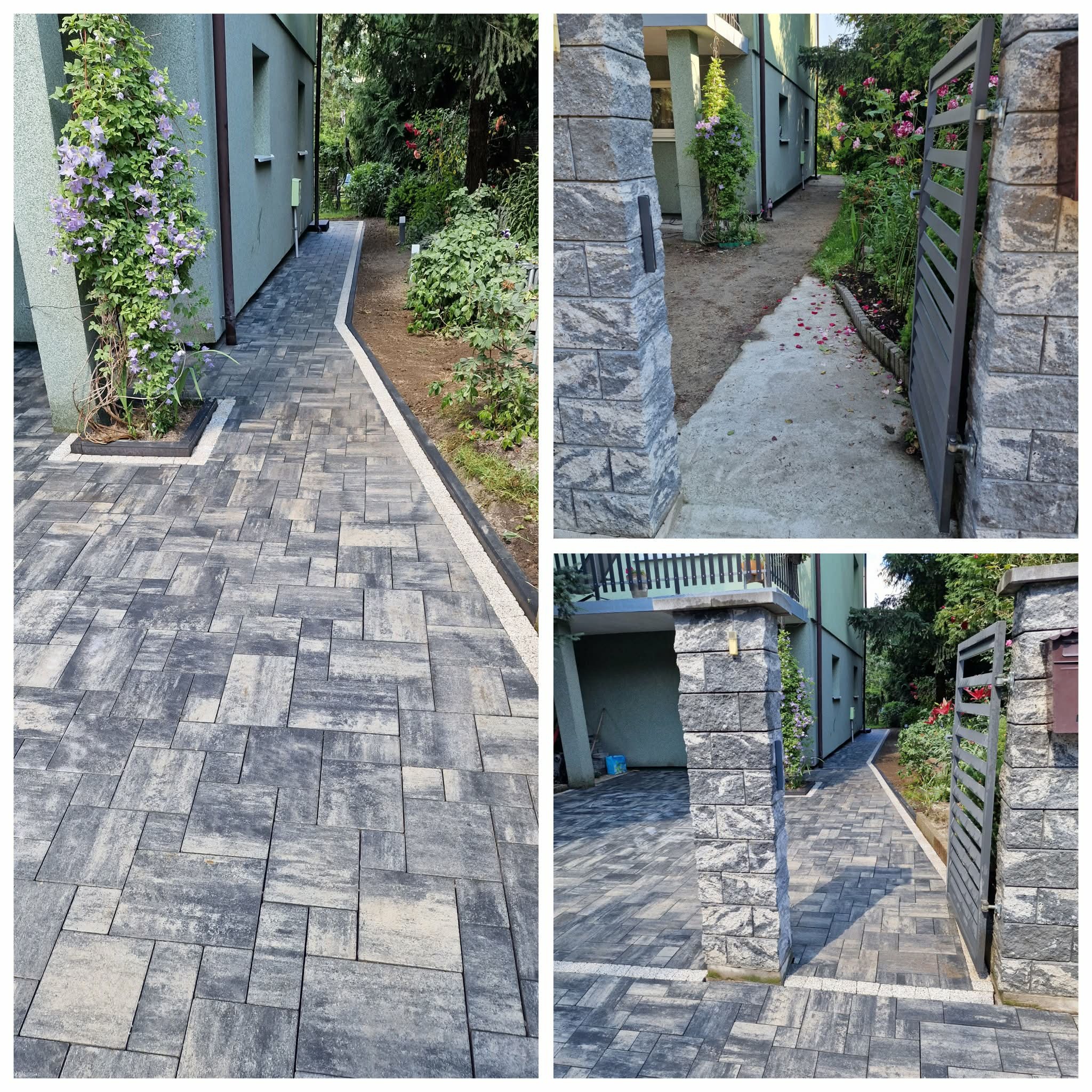 Ułożona kostka brukowa w odcieniach szarości tworzy ścieżkę wzdłuż budynku, z elementami dekoracyjnymi z białego kamienia i roślinnością. Widoczna brama i kamienne słupki.