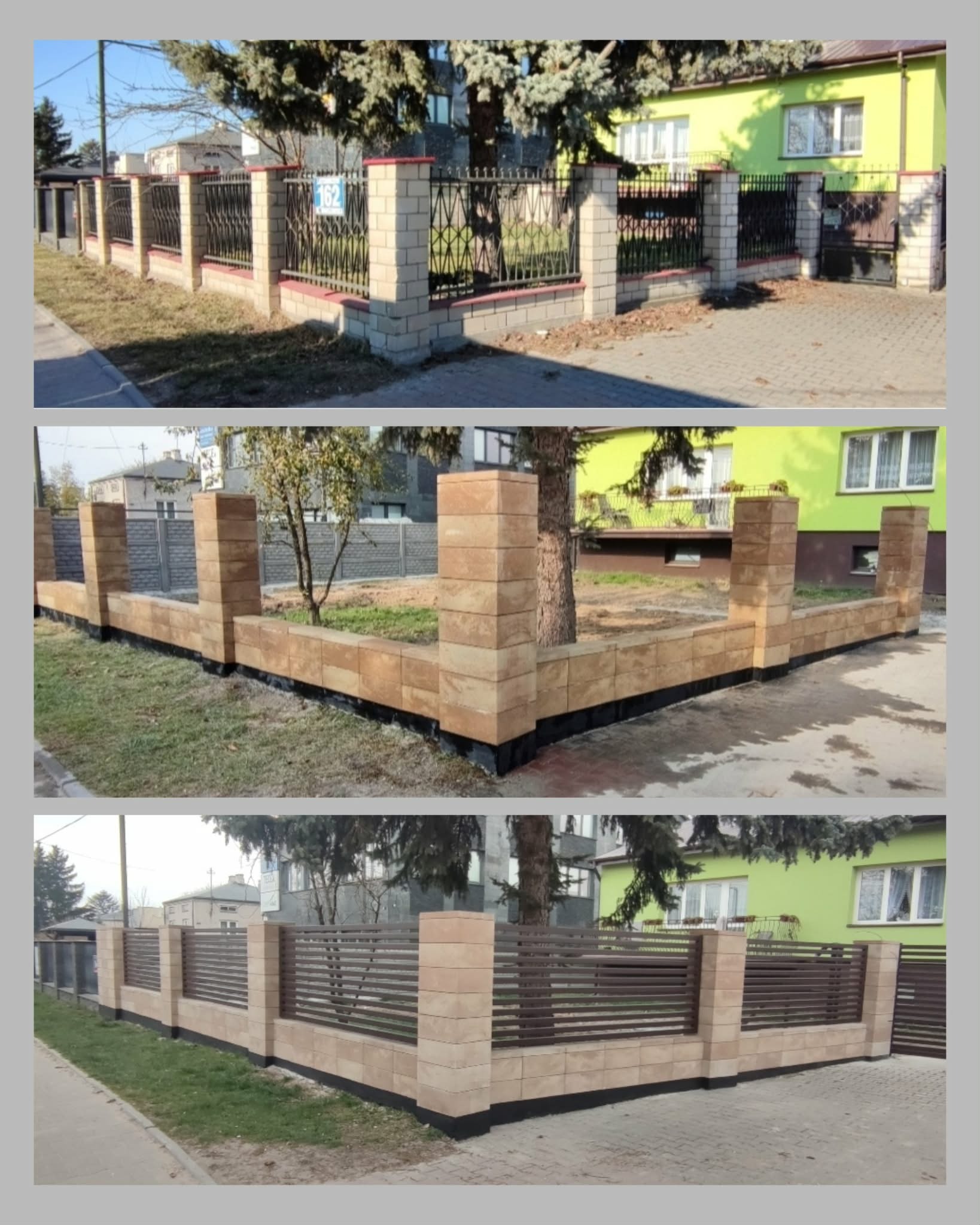Kompilacja trzech zdjęć prezentujących różne warianty ogrodzeń z elementami murowanymi i przęsłami: metalowymi, panelowymi i poziomymi. Widoczne detale wykończenia i otoczenie.