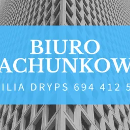 Niebieski baner z napisem 'Biuro Rachunkowe Emilia Dryps 694 412 549' na tle abstrakcyjnego, czarno-białego budynku biurowego.