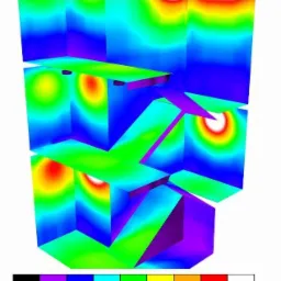 Model 3D rozkładu temperatury w instalacji elektrycznej, wizualizacja termiczna z kolorami od fioletowego do białego, prezentująca potencjalne punkty przegrzania.
