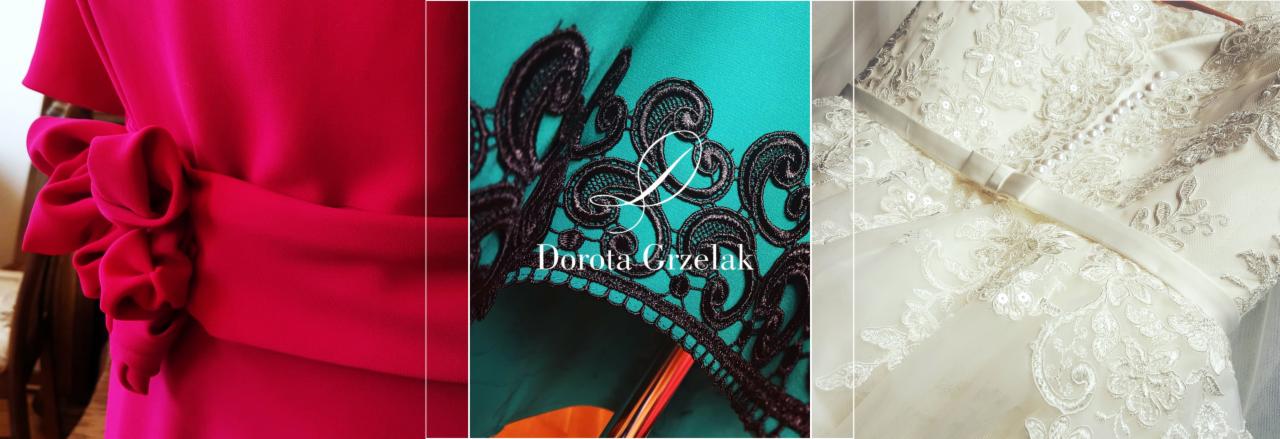 Kolaż trzech zbliżeń odzieży: intensywnie różowa sukienka z ozdobnym wiązaniem, fragment turkusowej tkaniny z czarną koronką i logo projektantki, oraz biała suknia ślubna z delikatnymi zdobieniami.