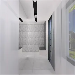 Wnętrze korytarza z trójwymiarową, białą ścianą, szarymi płytkami podłogowymi i minimalistycznym oświetleniem sufitowym.