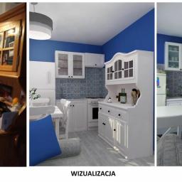 ARTE-Studio Projektowe Karina Grzemska-Czekalska - Porównanie stanu kuchni przed, wizualizacja 3D oraz stan po remoncie: drewniane meble zastąpione białymi, niebieskie ściany, nowa podłoga i oświetlenie.
