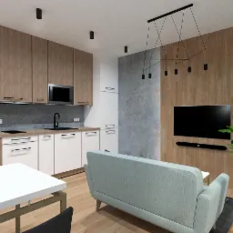 Wizualizacja nowoczesnego salonu z aneksem kuchennym, drewniane szafki, białe fronty, szara ściana z telewizorem i designerską lampą wiszącą, jasnoniebieska sofa.