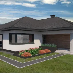 Wizualizacja parterowego domu jednorodzinnego z dwuspadowym dachem, garażem i ozdobnymi rabatami kwiatowymi w ogrodzie.