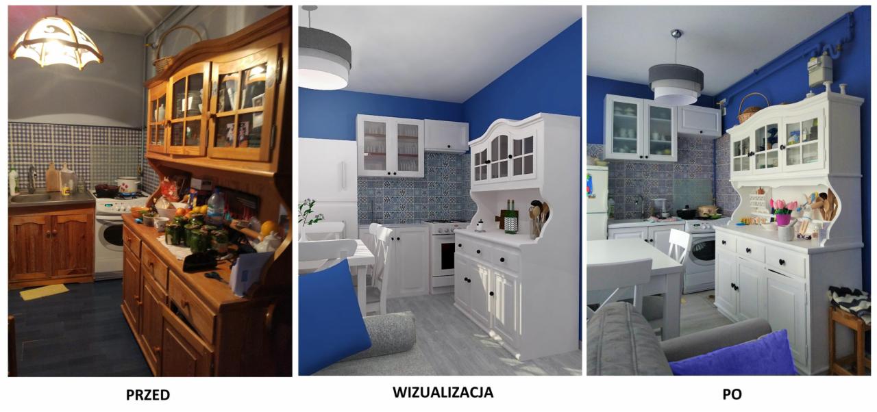 Porównanie stanu kuchni przed, wizualizacja 3D oraz stan po remoncie: drewniane meble zastąpione białymi, niebieskie ściany, nowa podłoga i oświetlenie.