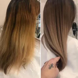 Porównanie włosów przed i po koloryzacji ombre w odcieniach brązu, widoczne gładkie przejście kolorów i poprawa kondycji włosów.