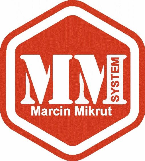 Logo firmy MM System Marcin Mikrut w pomarańczowym sześciokącie z białą obwódką i białym napisem.