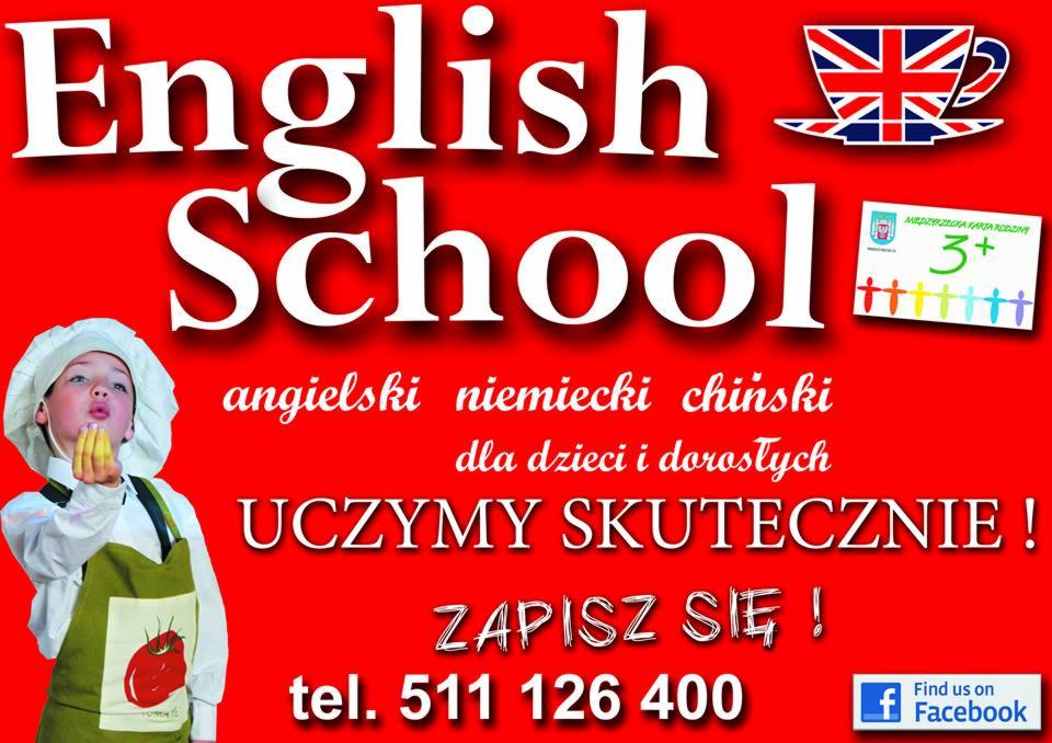 Czerwone tło z napisem 'English School' i informacjami o kursach językowych dla dzieci i dorosłych, w lewym dolnym rogu chłopiec w stroju kucharza dmucha w palce, logo szkoły to filiżanka z flagą...