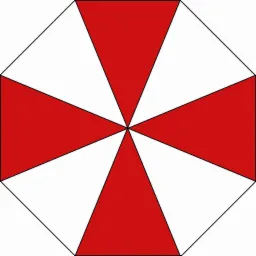 Stylizowany, symetryczny ośmiokąt z czerwonym krzyżem i białymi trójkątami, przypominający parasol korporacji.